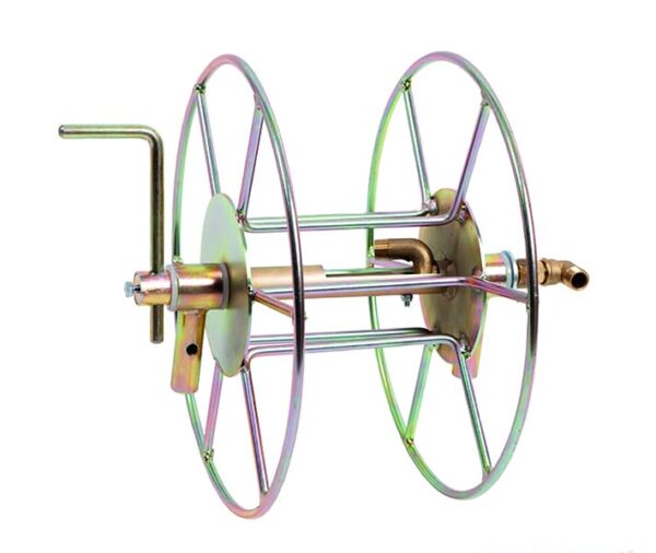 Enrollador manguera 100 m con racor y soporte Enrollador manguera 100m con racor giratorio reforzado y soporte