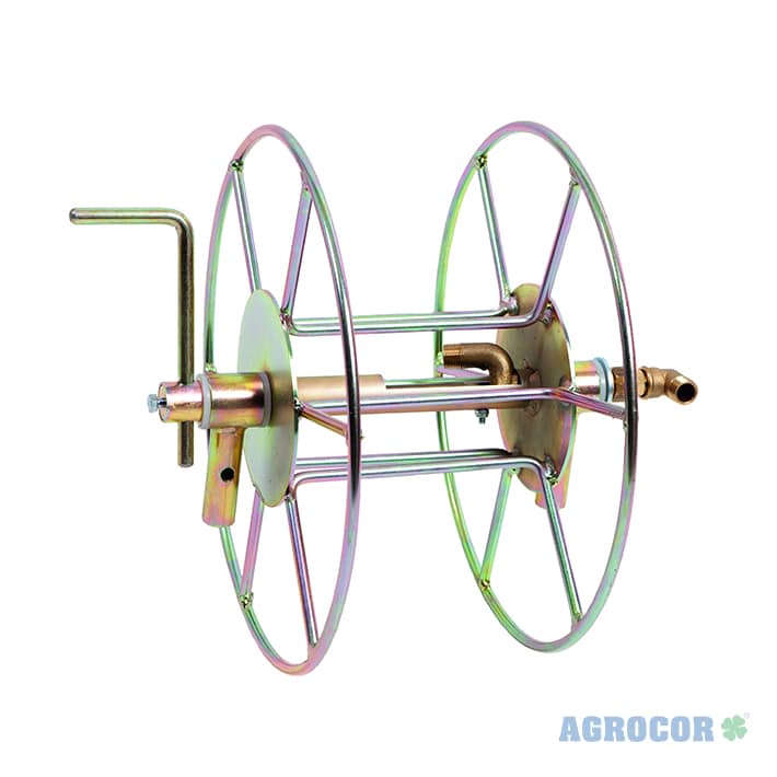 Enrollador manguera 100 m con racor y soporte Enrollador manguera 100m con racor giratorio reforzado y soporte