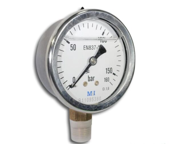 Manómetro glicerina 16 bares vertical Caja de acero inox. Mirilla de plástico, sistema de presióny conexión en latón. Precisión 1,6%. Fabricado según Norma EN-837-1