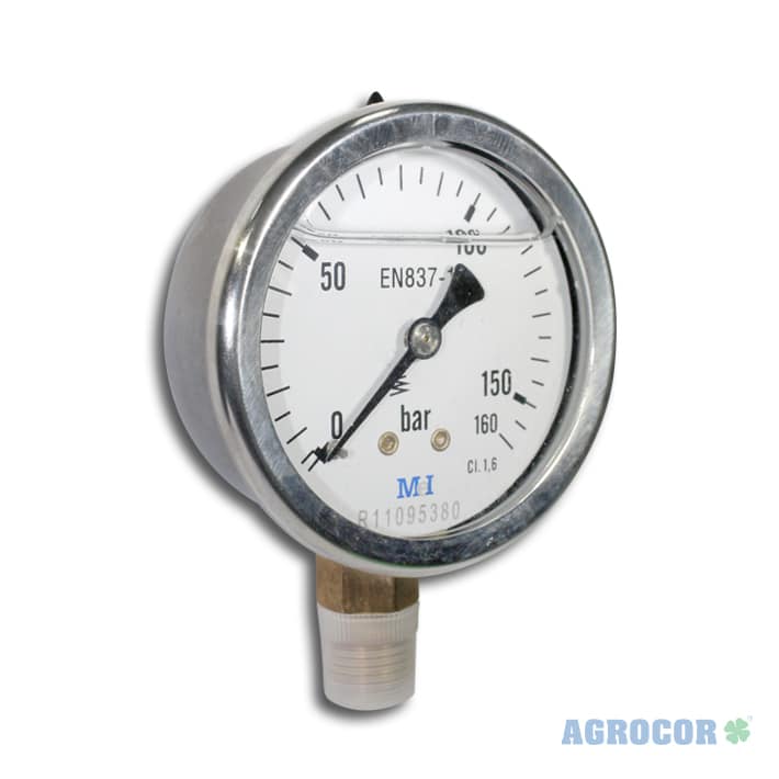 Manómetro glicerina 16 bares vertical Caja de acero inox. Mirilla de plástico, sistema de presióny conexión en latón. Precisión 1,6%. Fabricado según Norma EN-837-1