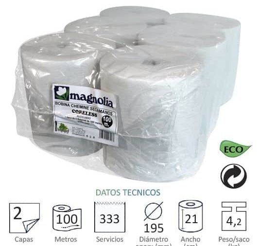 Pack 6 bobinas celulosa secamanos 100 m (sin tubo)