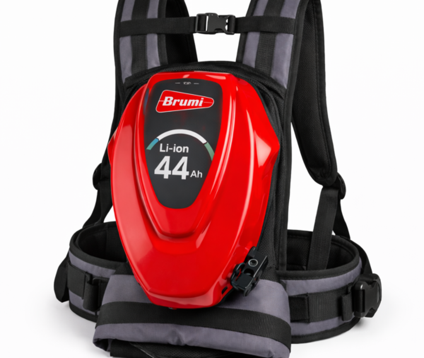 Arnés para batería Brumi Li-ion 44 Ah con correas ajustables y materiales transpirables para poda y vareo