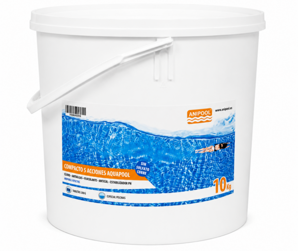 Anipool 5 efectos 10 kg. tabletas de 200 gr. para el mantenimiento integral de piscinas. Desinfecta, previene algas y mantiene el agua cristalina.