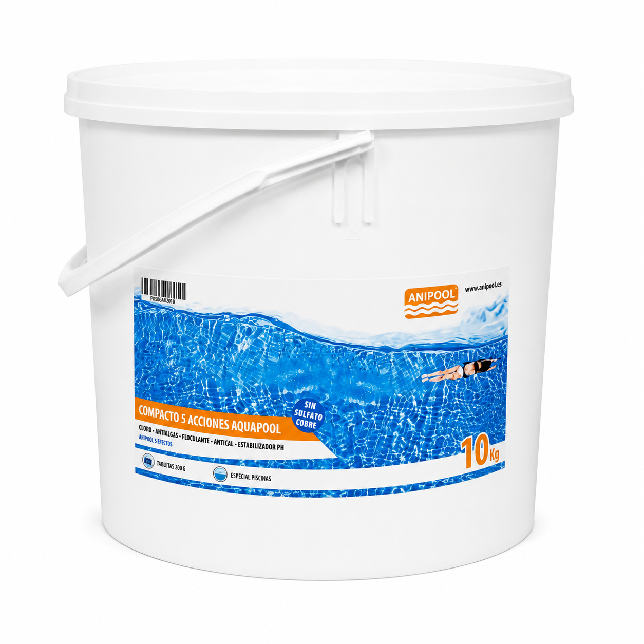 Anipool 5 efectos 10 kg. tabletas de 200 gr. para el mantenimiento integral de piscinas. Desinfecta, previene algas y mantiene el agua cristalina.